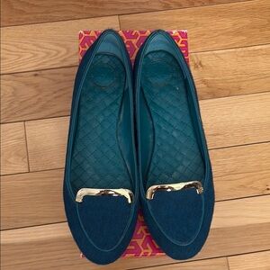 Tory Burch Electric Eel Women's Teal Loafers with Gold Accent Size 9.5